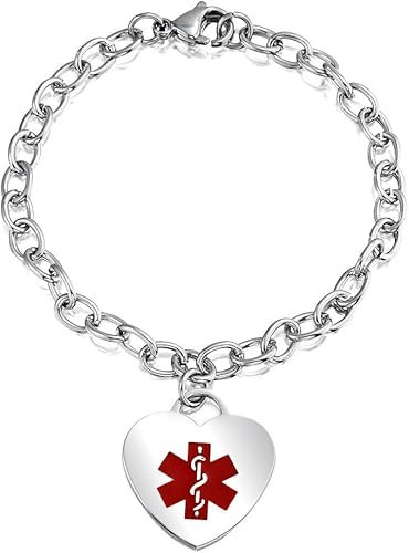 Cadena de eslabones personalizable, diseño de alerta médica, color rojo, con forma de corazón, grabada, para mujeres, adolescentes, tono plateado,