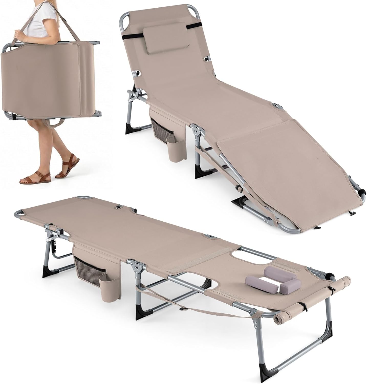 GYMAX Tanning Chair, 3 in 1 Sun Bathing Lounge Chairs with Face/Arm Holes & Side Pocket, Portable Lightweight Face Down Layout Tanning Chair for Outside, Beach, Backyard, Poolside (1, Sand)