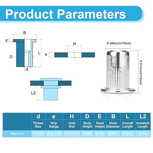 Vista 45 de Tuercas de remache, 50 piezas de 5/16 "-18 UNC, tuerca de inserción roscada de cabeza plana de acero al carbono, tuercas de cuerpo moleteadas