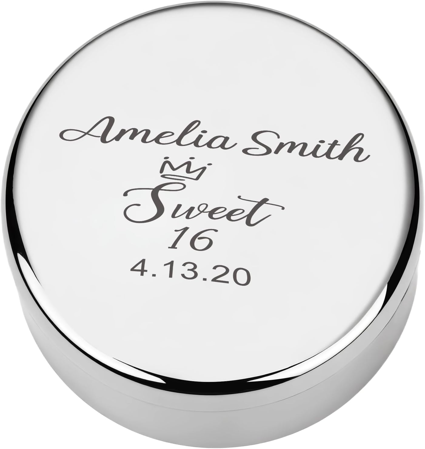 OXYEFEI Personalized Jewelry Box, Custom Heart Shaped Jewelry Box with Text, Silver Ring Box, Gift for Girls (Round-Silver)