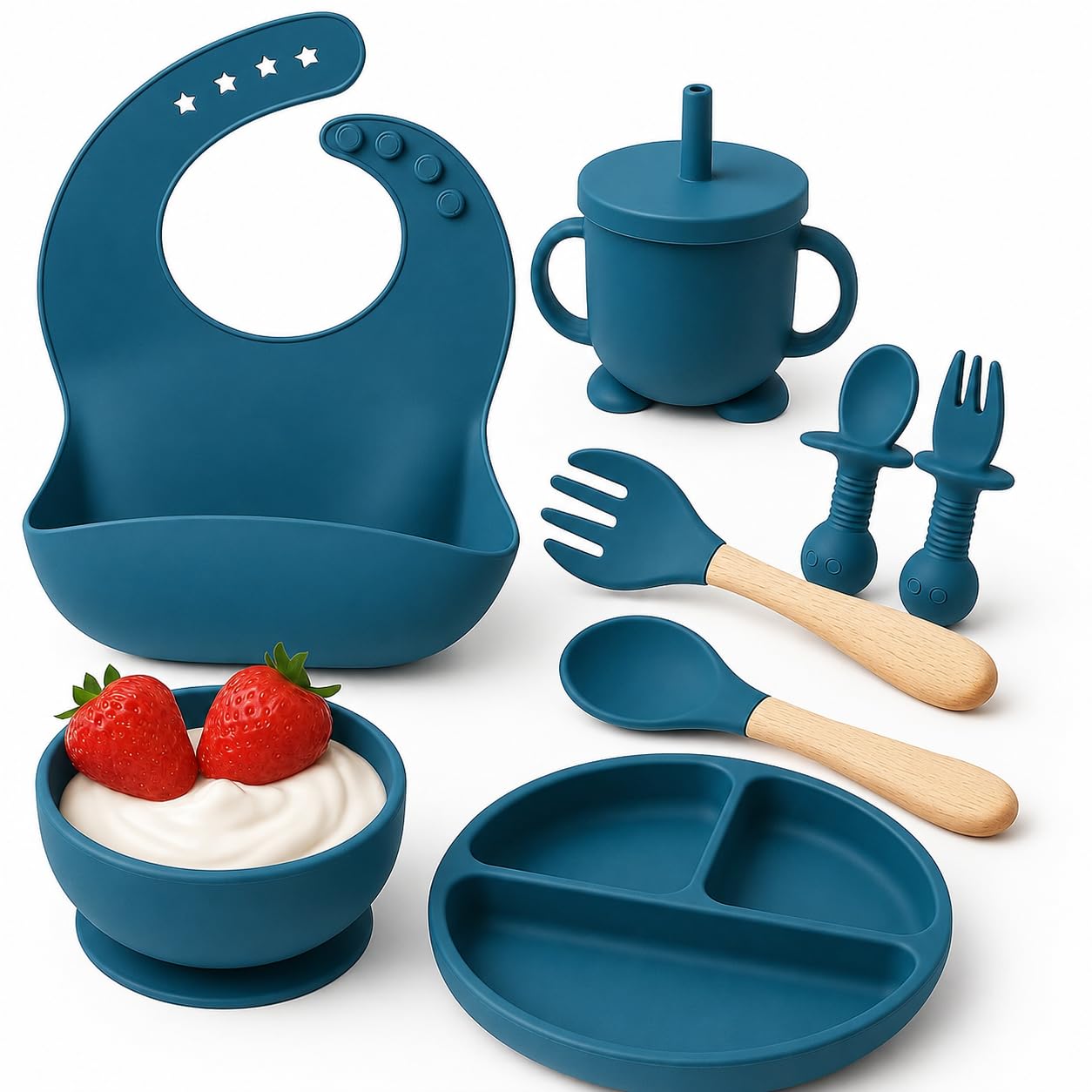 Silicone Baby Feeding Set – Suction Plates for Baby & Toddler with Bowl, Cup, Fork & Spoon | Baby Plate Set | Crumb Pouch, Easy Wipe Clean, Blue (8 Pcs)-image-28