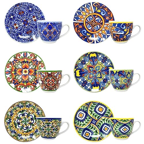 NAMAI Set 6 Tazzine Caffe Particolari con Piattino - In Porcellana - Adatto Alla Lavastoviglie e Microonde - Set tazzine Caffè con Piattino - Tazzine Caffe (Tazzine Caffè)