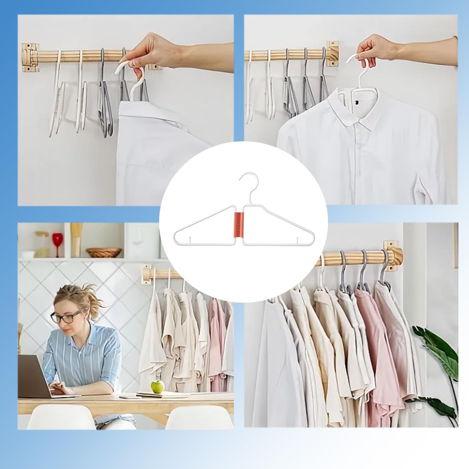 Perchas de viaje portátiles para ropa, paquete de 5 perchas plegables que ahorran espacio, perchas versátiles y plegables para toallas y clips para pantalones para una fácil colocación