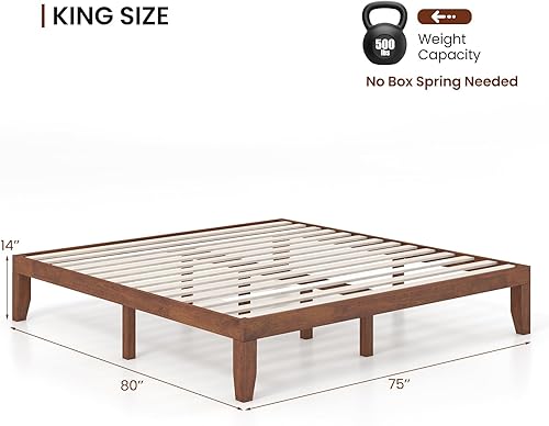 Miniatura 3 de KOMFOTT Base de cama de plataforma de madera de 14 pulgadas, tamaño King, base de colchón de madera maciza con marco de madera de goma, soporte de