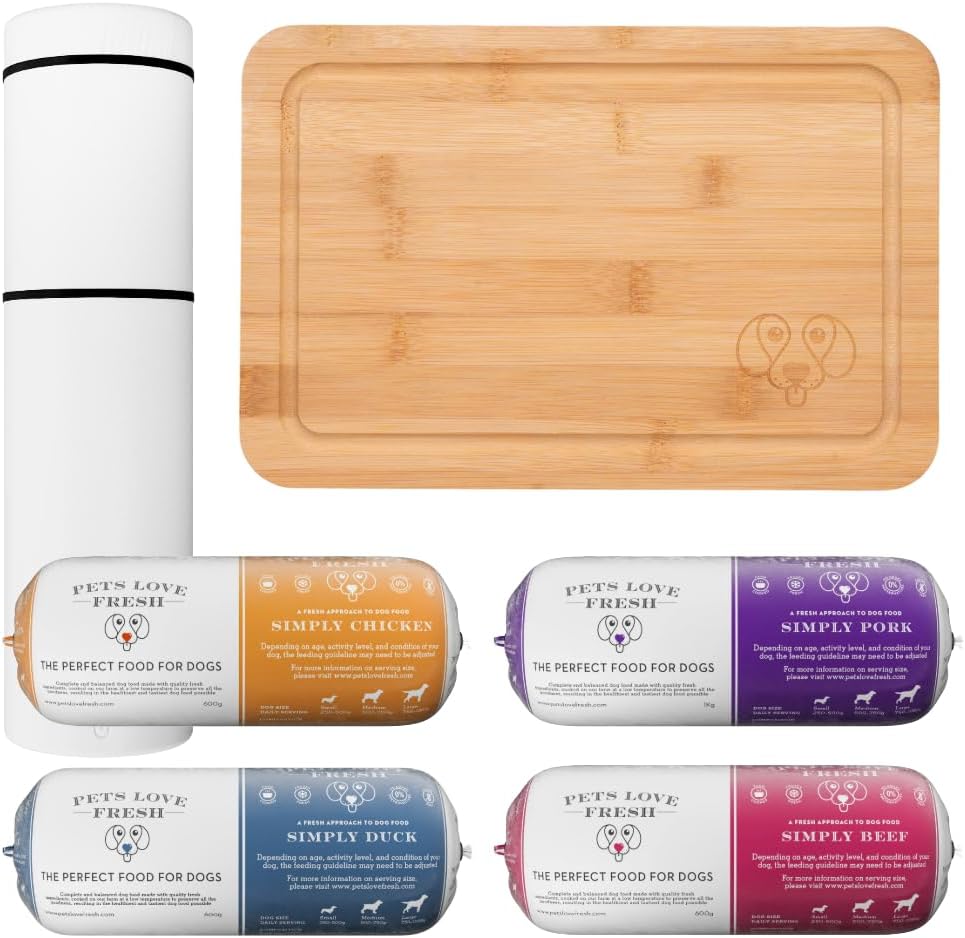 Fresh Dog Food Taster Pack by Pets Love Fresh - 100% Natural - Real British Meat - Zero Preservatives - Variety - Chicken, Pork, Beef & Duck (4 x 600g chub rolls, chopping board & container)