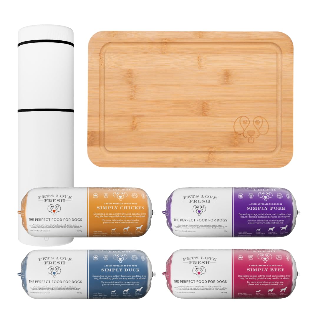 Fresh Dog Food Taster Pack by Pets Love Fresh - 100% Natural - Real British Meat - Zero Preservatives - Variety - Chicken, Pork, Beef & Duck (4 x 600g chub rolls, chopping board & container)