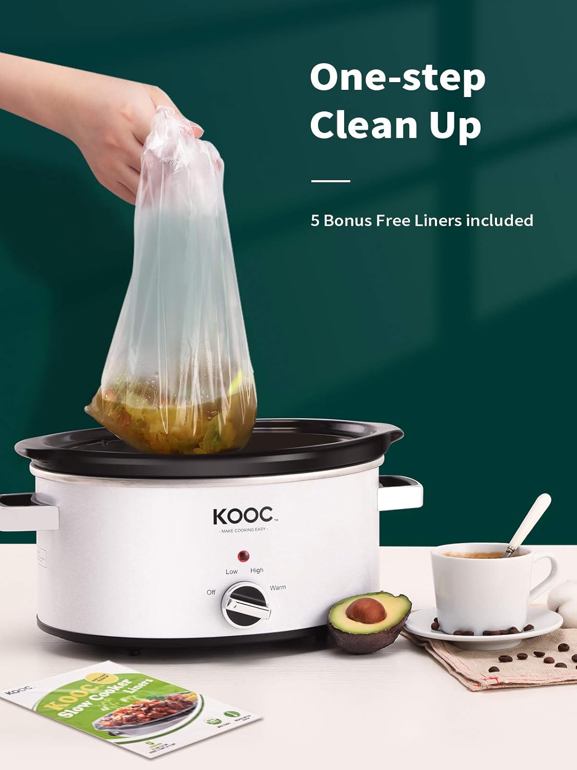 [NEW] KOOC Slow Cooker, 5-Quart, Larger than 4 Quart, Free Liners Included for Easy Clean-up, Upgraded Ceramic Pot, Adjustable Temp, Nutrient Loss Reduction, Stainless Steel, White, Oval: Kitchen & Dining