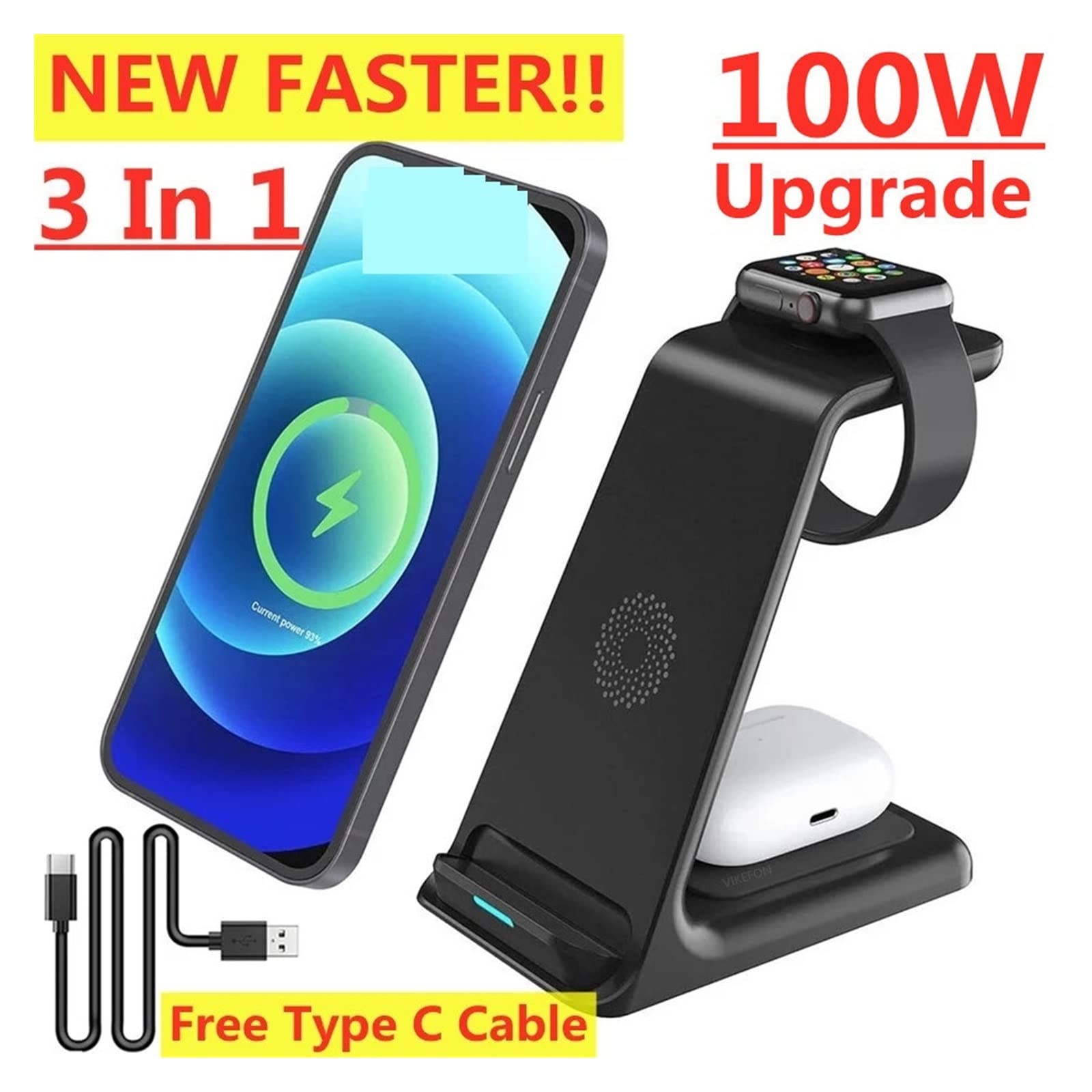 Support de Chargeur sans Fil, Support de Chargeur sans Fil 100W for Montre de téléphone 3 en 1 Station de Chargement Rapide for écouteurs(Zwart)