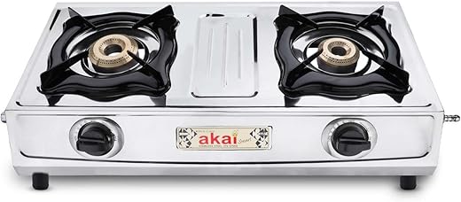 Akai Smart Stainless Steel Brass Burner, Manual Ignition Gas Stove (2 Burners)