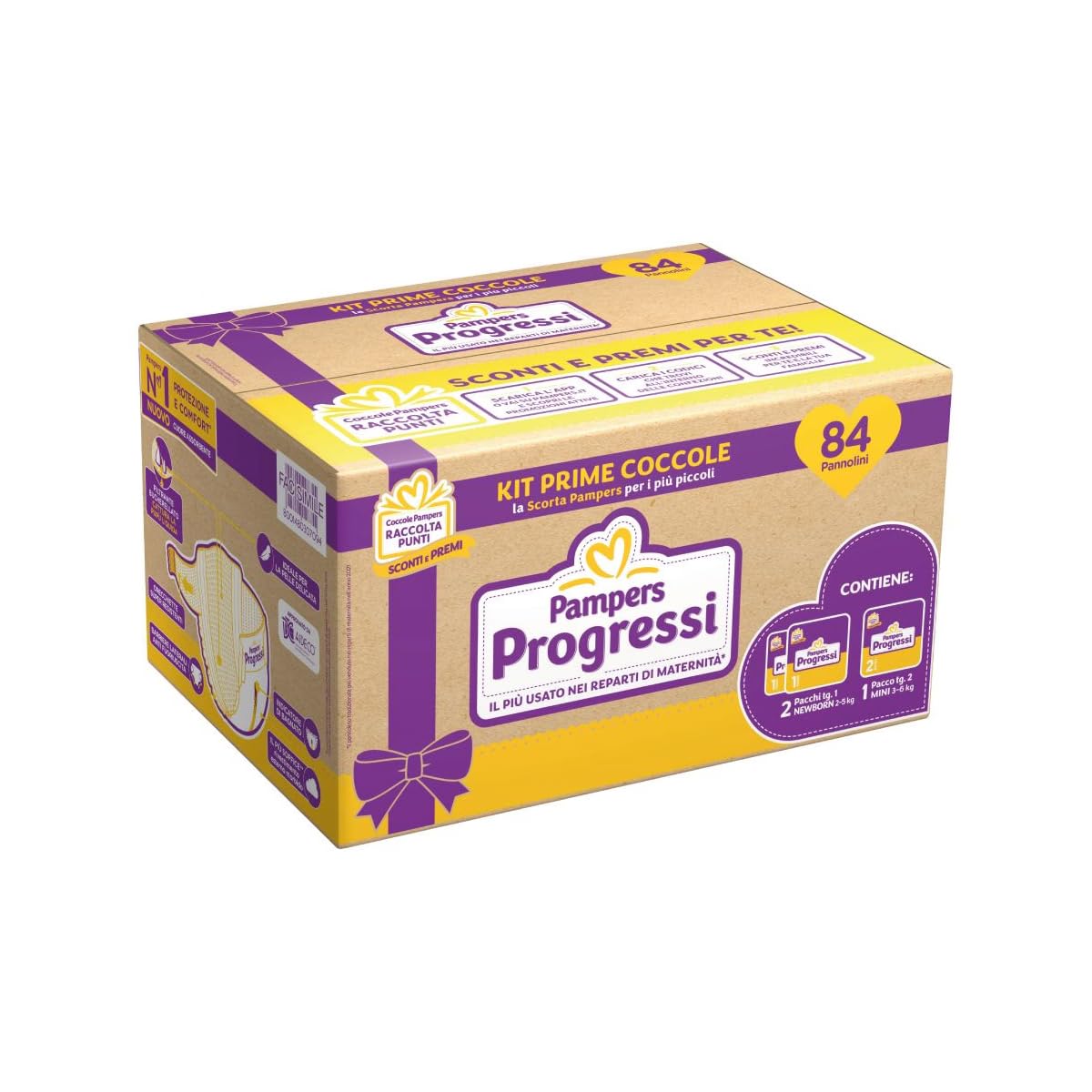 Pampers Progressi Primi Giorni, 84 Pannolini, Due Pacchi Taglia 1 (2-​5 Kg) e Un Pacco Taglia 2 (3-​6 Kg)