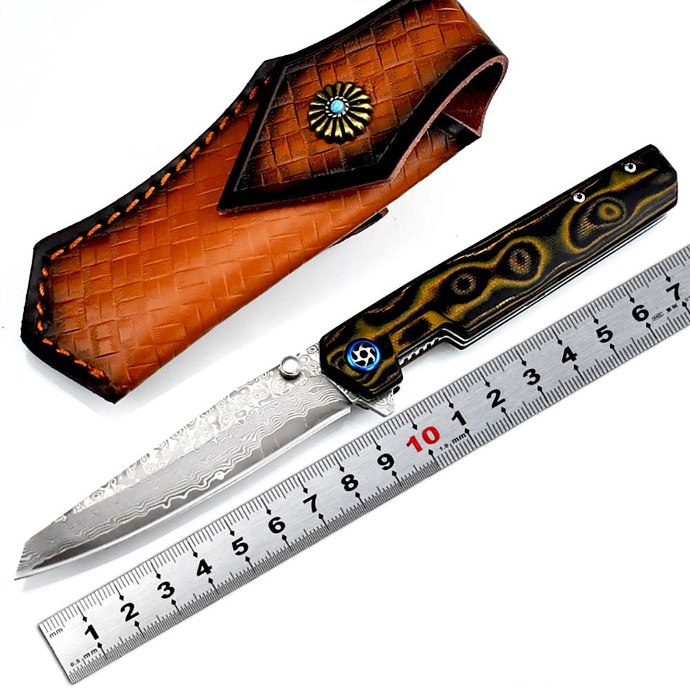 Taschenmesser Damast leicht Klappmesser Aus Damaststahl mit liner lock, Bunt G10 griff, 9.1cm Damaszener Klinge, Outdoor Edc Messer Survival Jagdmesser, Damaskus Geschmiedet, Einhandmesser, Holster