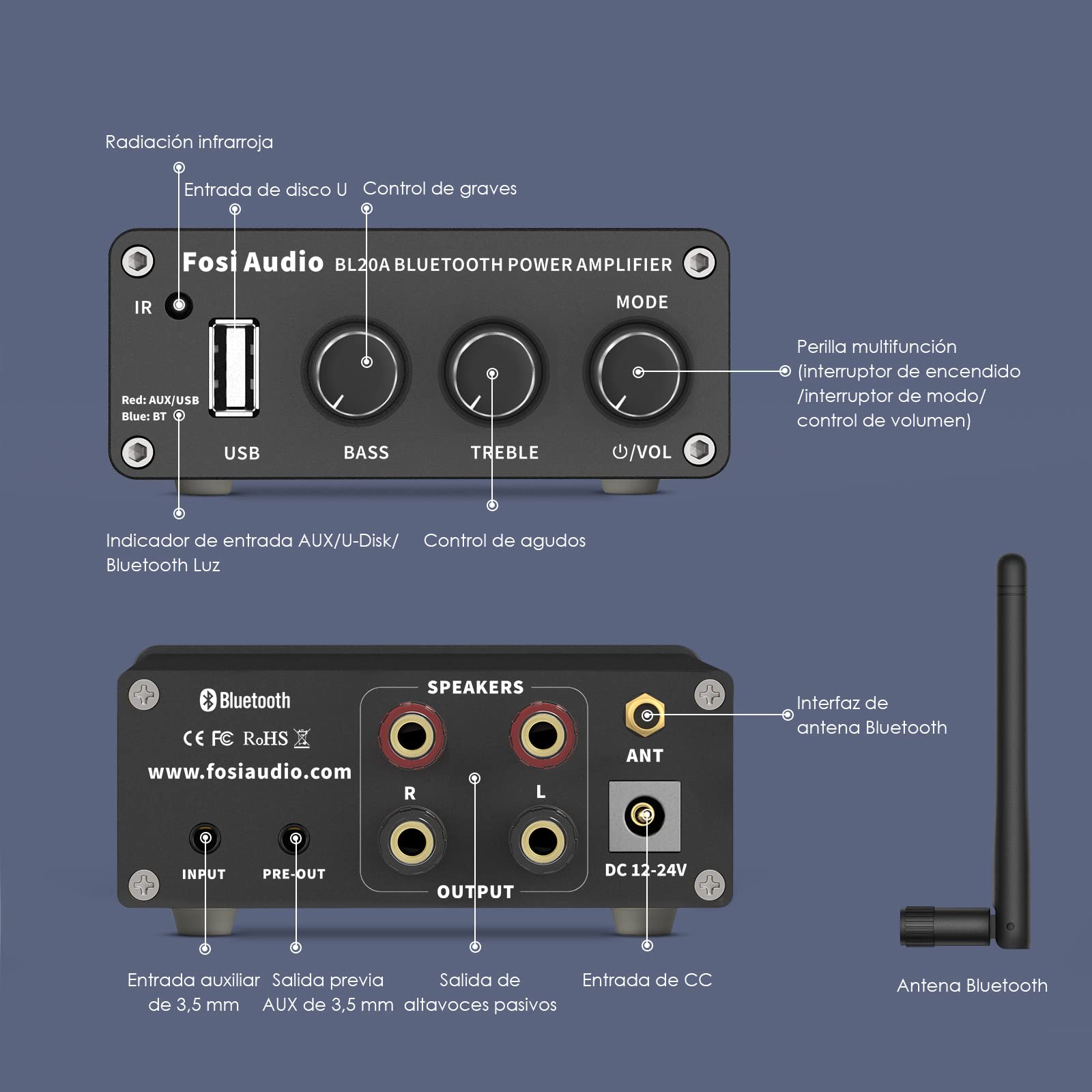 Fosi Audio BL20A 200 vatios Amplificador Audio Bluetooth 5.0 Home Audio Amplificador estéreo Mini Hi-Fi Clase D Amplificador Integrado U-Disk AUX con Control Remoto para Altavoces domésticos