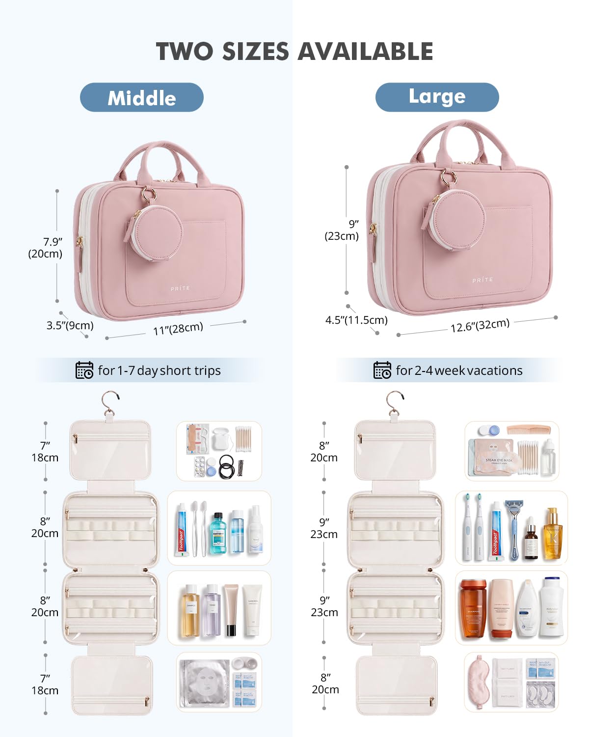 Prite Erweiterbare Reise Kulturtasche für Damen zum Aufhängen, Rosa, L