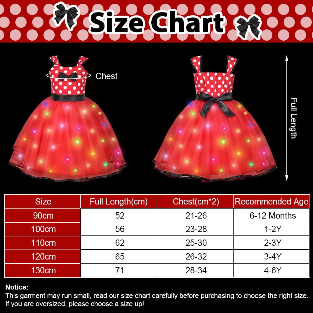ACWOO Ragazza Minnie Pois Abito da Principessa Costumes, 4 Pezzi LED Luminoso Costume da Principessa con Naso, Fascia per Orecchie, Coda, Vestito Minnie Bambina per Carnevali, Halloween, Natale