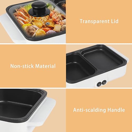 Miniatura 6 de Olla eléctrica con parrilla, 2 en 1 antiadherente para interiores Shabu Shabu Shabu y sartén, mini olla caliente portátil coreana barbacoa con