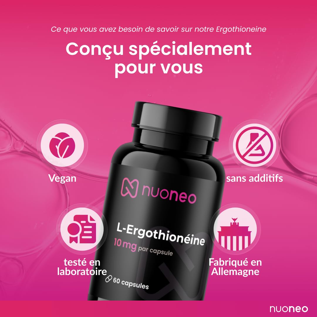 L-Ergothionéine 10 mg – 60 gélules végétaliennes pour 2 mois – Ergothionéine pour la nutrition cellulaire – Testé en laboratoire et fabriqué en Allemagne – nuoneo