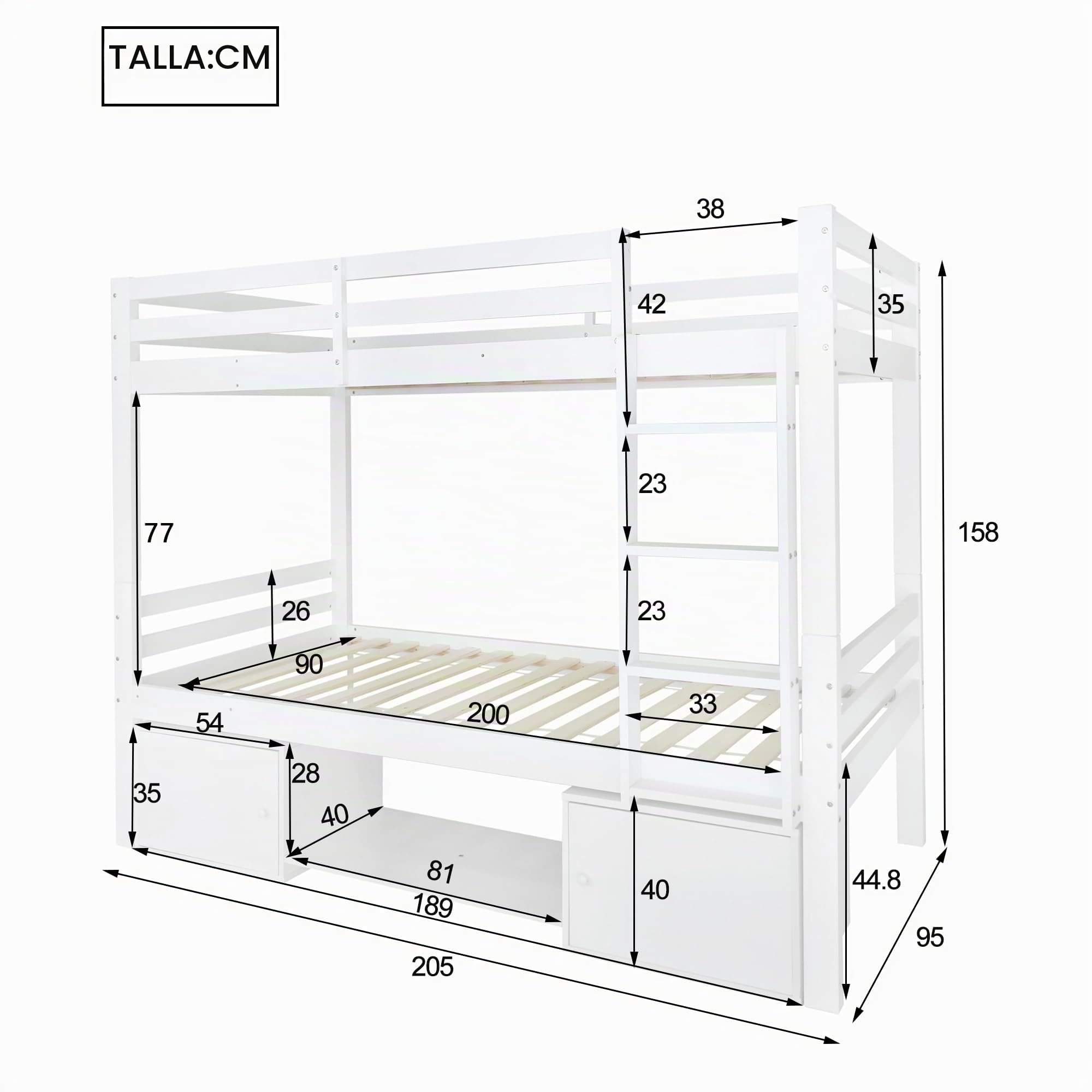 Literas de 90x200 con Zapatero y Armario, Litera Infantil con Escalera y Protección contra Caídas, Cama Litera Matrimonio Convertible en 2 Cama Individual, Blanco A, Sin Colchón