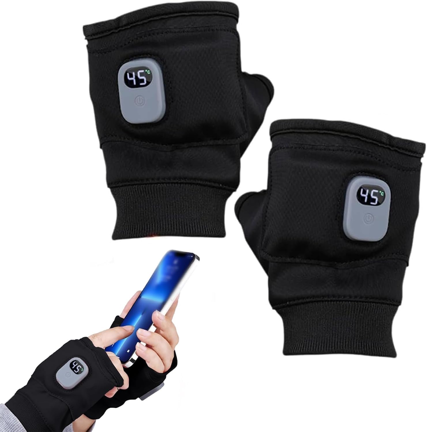 Rechargeable Portable Heating Gloves with Digital Display, Upgraded Smart Thermostatic Electric Heated Fingerless Gloves, Hand Warmer for Outdoor Work, Cycling, Skiing