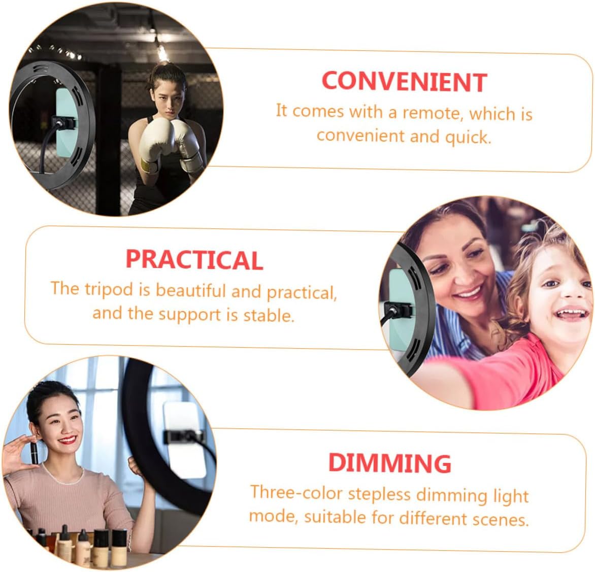 10-Inch USB Selfie Light Stand with Remote, Adjustable Three-Color Dimmable Makeup Ring Light and Phone Tripod Holder for Live Streaming and Photography, Black Metal Frame