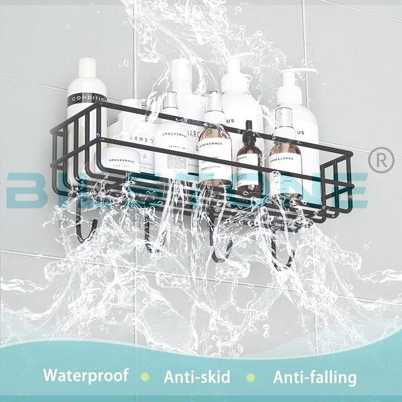 Image of GI Steel Self-Adhesive Multipurpose Bathroom Shelf with Hooks /Towel Holder /Rack /Bathroom Accessories-Wall Mount (Black) (Pack of 2)