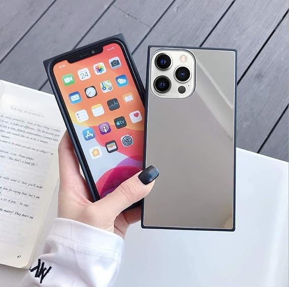 Compatible with iPhone 15 Pro Max Rectangle Mirror Case for Women Girls Makeup Glass Mirror Back Design Silicone Bumper TPU Protective Cover Phone Case