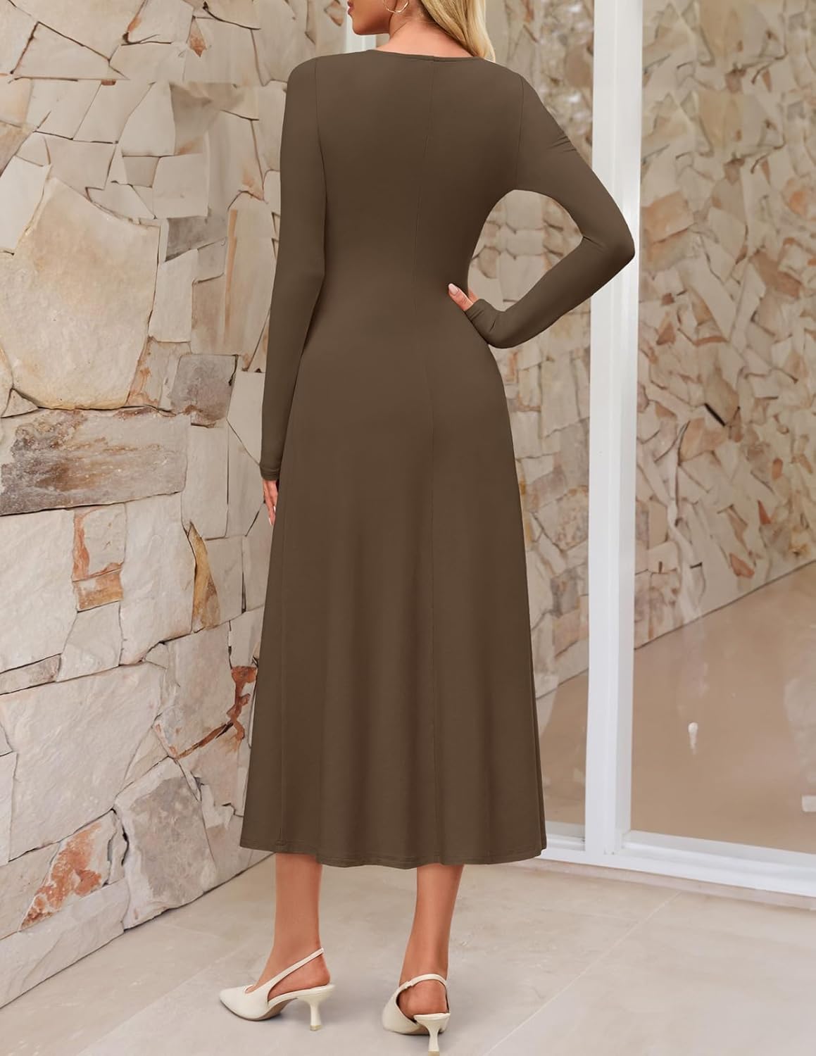 MEROKEETY Women's 2025 Fall Long Sleeve Midi Dress Elegant Boat Neck Ruched Swing Cocktail Party Dresses - Image 3