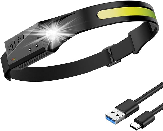 LED Head Torch Rechargeable, LED Headlamp Running Head Torch Headlight with Motion Sensor Water-Resistant Lightweight Head Flashlight for Running Cycling Camping Dog Walking Fishing Hiking
