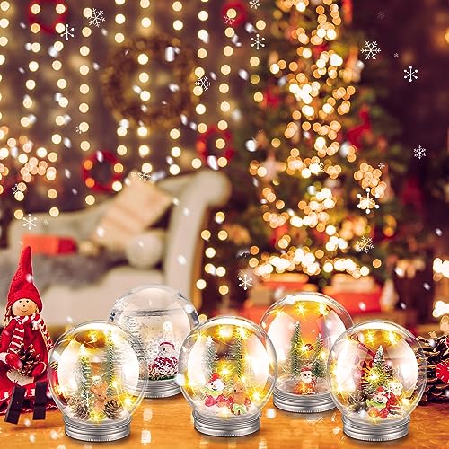 Liliful IAN-LILIFUL-742 24 Sets Lighted Diy Snow Globe Christmas Clear Plastic Snow Globe Kit With Christmas Tree Faux Snow Flake Artificial Pine Cone Santa Claus Snowmen Reindeer Stocking House thumb #4
