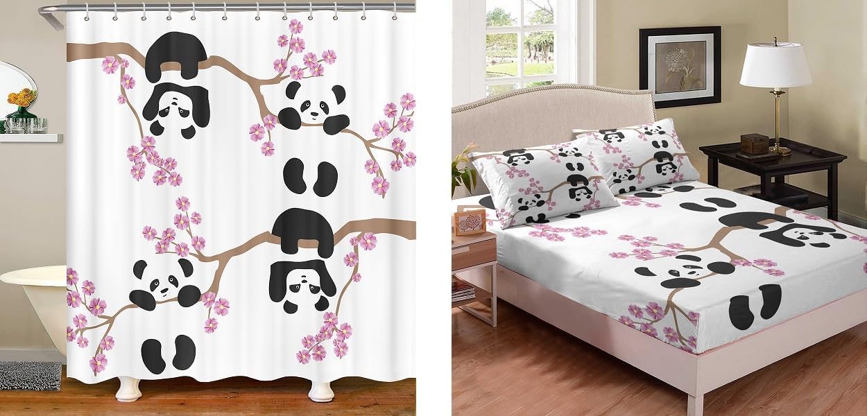 Erosebridal Panda Shower Curtain + Panda Fitted Sheet + Pillow Case
