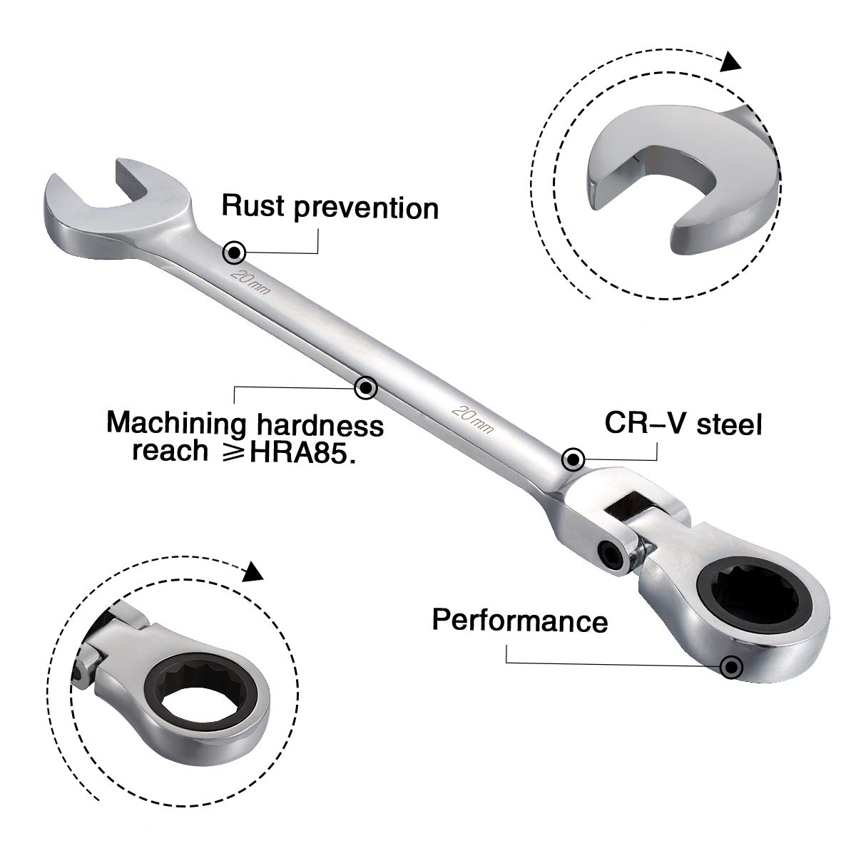 KATUR Llave de Carraca Combinada 20mm, Llave de Carraca con Cabeza Flexible, Diseño Industrial de Doble Uso, Herramienta Profesional Métrica de Acero Cromo Vanadio