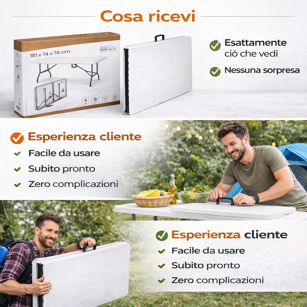 Tavolo Pieghevole Richiudibile a Valigia 181x74x74 cm - Struttura Acciaio, Piano HDPE Impermeabile, Portata 150 kg, Maniglia Trasporto, Piedini Antiscivolo - Tavolo Salvaspazio per Casa, Giardino