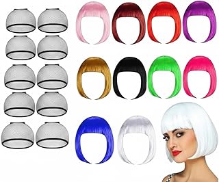 Easy Party 10 Pack Neon Colorful Short Bob Party Wigs With 10 Hair Nets Included For Women's Bachelorette Party, Costumes, Cosplay, Favors, Dress Up, Set of 10 Bright Colored Pieces