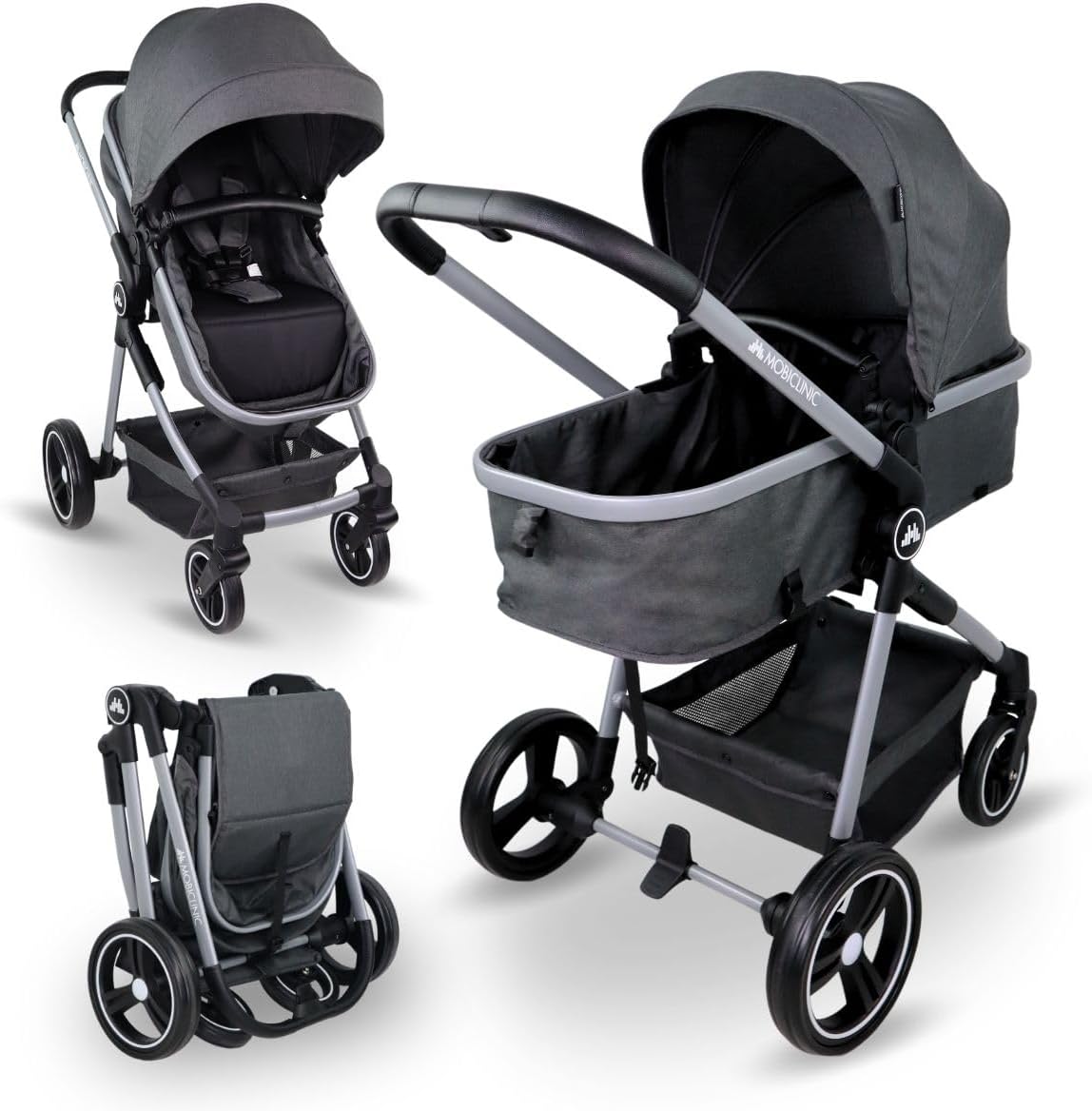 Mobiclinic® Kids, Stroller + Carry Cot, 2 in 1, Nuit, Ultra-Compact, 5-Point Harness, Up to 22kg, Single-Lever, Pull-Out bar, Adjustable backrest, Hood, Basket, Footbrake, Reversible