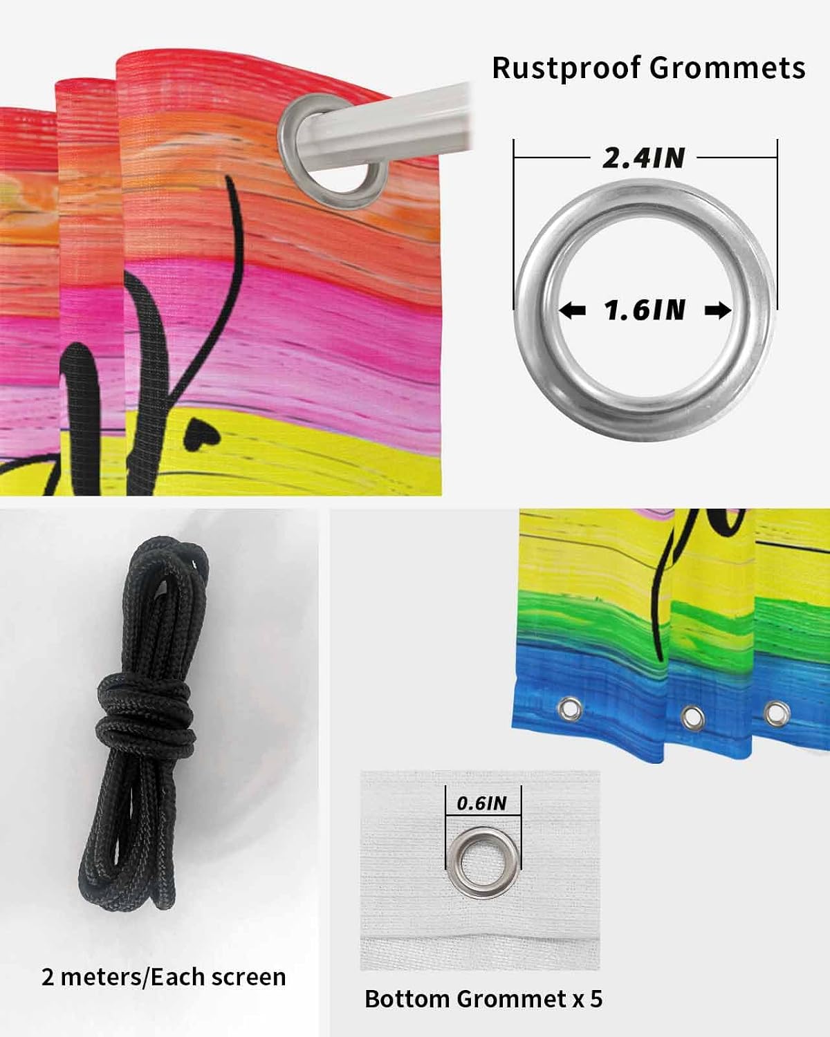 Outdoor Waterproof Curtains, Love Rainbow Colored Flag of Gay Wood Grain Weatherproof Curtain Grommet Top and Tab Bottom Drape, Thermal Insulated Curtain for Patio Porch Gazebo Pergola
