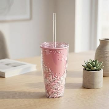 Pipetli Çift Katmanlı Soğuk İçecek Bardağı – Boncuklu Tasarımlı Kapaklı Pipetli Bardak 20 cm, Smoothie ve Soğuk İçecekler için Yeniden Kullanılabilir Bardak