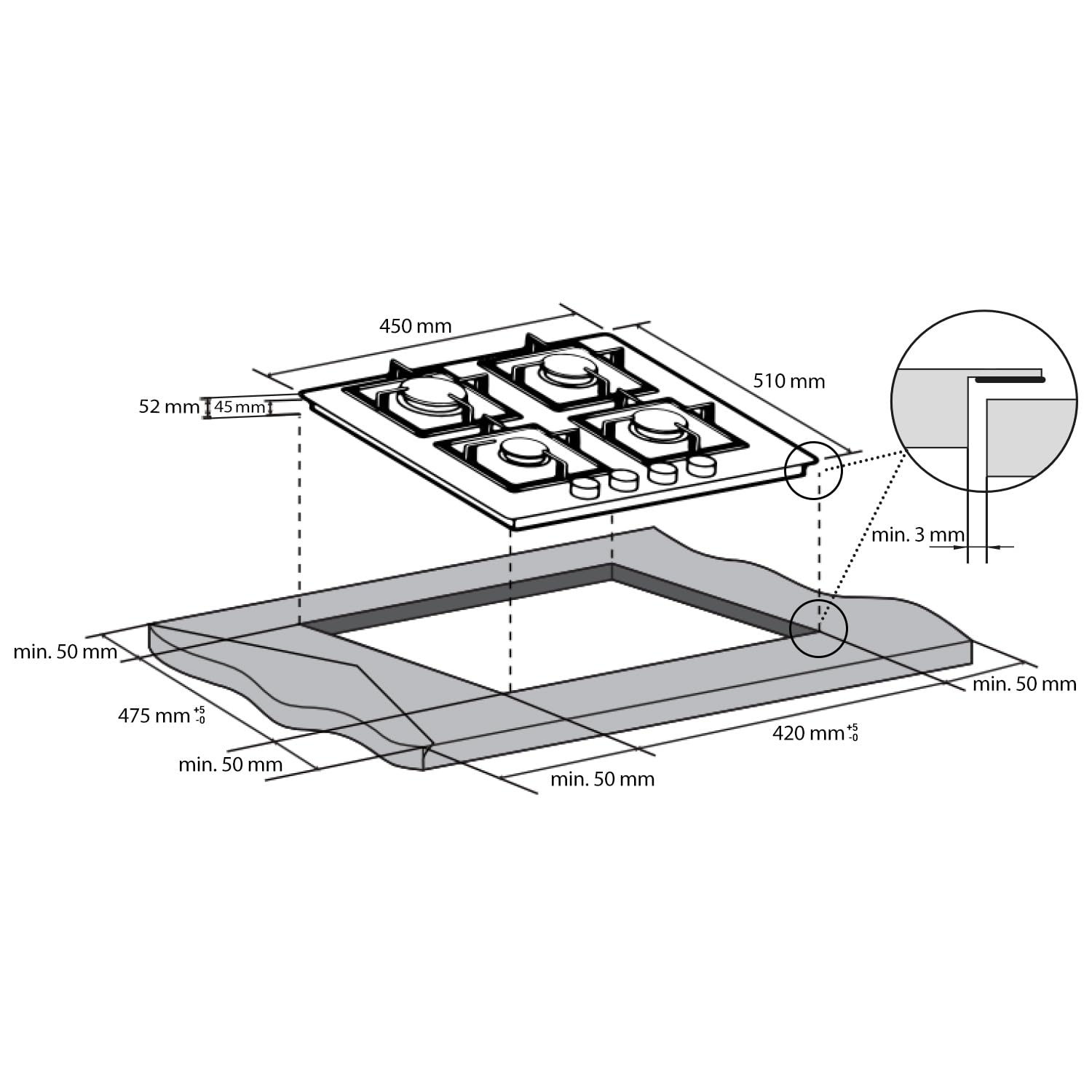 KKT KOLBE G453G Plaque de cuisson à gaz 45 cm, autonome, 6,2 kW, 3 feux, réglable en continu, zone wok, sans cadre, commande à bascule, support de casserole en fonte, verre, gaz propane, gaz naturel