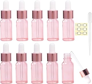 Alledomain 10Pcs, 5ml Rose Gold Glass Bottles with Dropper Pipettes, Mini Empty Dropper Bottles Rose Gold Metal Cap Refillable Sample Container for Essential Oil/Aromatherapy Blends/Chemical Liquid