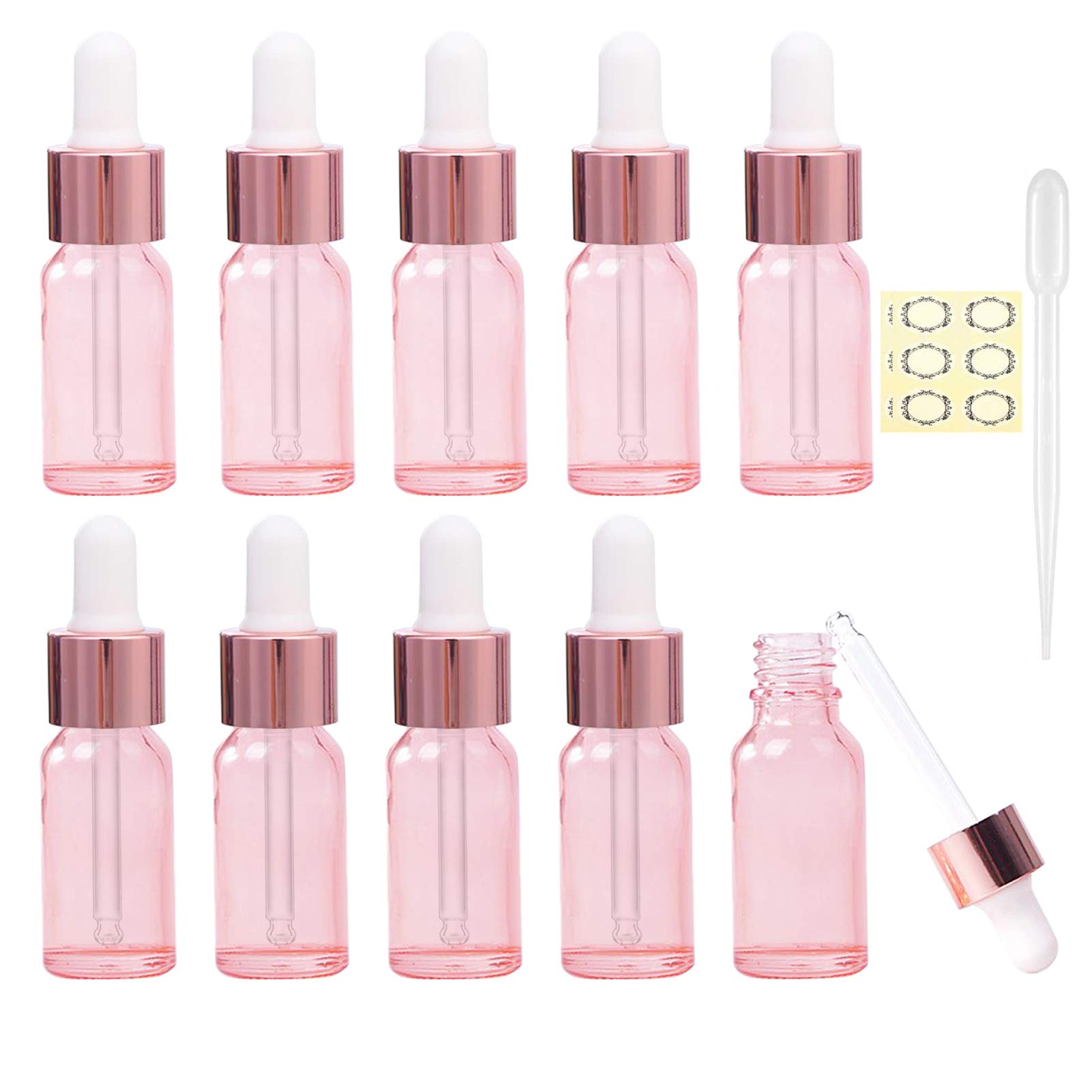 Alledomain 5Ml 10Pcs, Rose Gold Glass Bottles With Dropper Pipettes, Mini Empty Dropper Bottles Rosegold Metal Cap Refillable Sample Container For Essential Oil/Aromatherapy Blends/Chemical Liquid