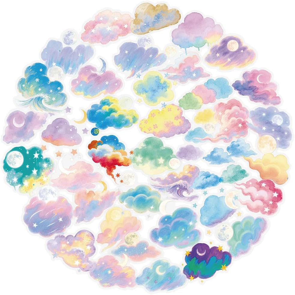 Cloud PET Stickers 50 PCS, Pastel Aesthetic Waterproof Die-Cut Pastel Sky Sticker Pack for Water Bottles Laptop Luggage Skateboard, Scrapbook Journal Phone Case Notebook