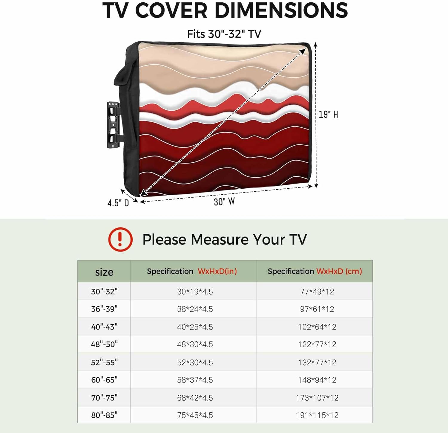 Outdoor TV Cover 65 Inch Red Beach Waves TV Enclosure Abstract Lines TV Covers for Outside TV Display Screen Protector with Remote Control Pocket Home Decor