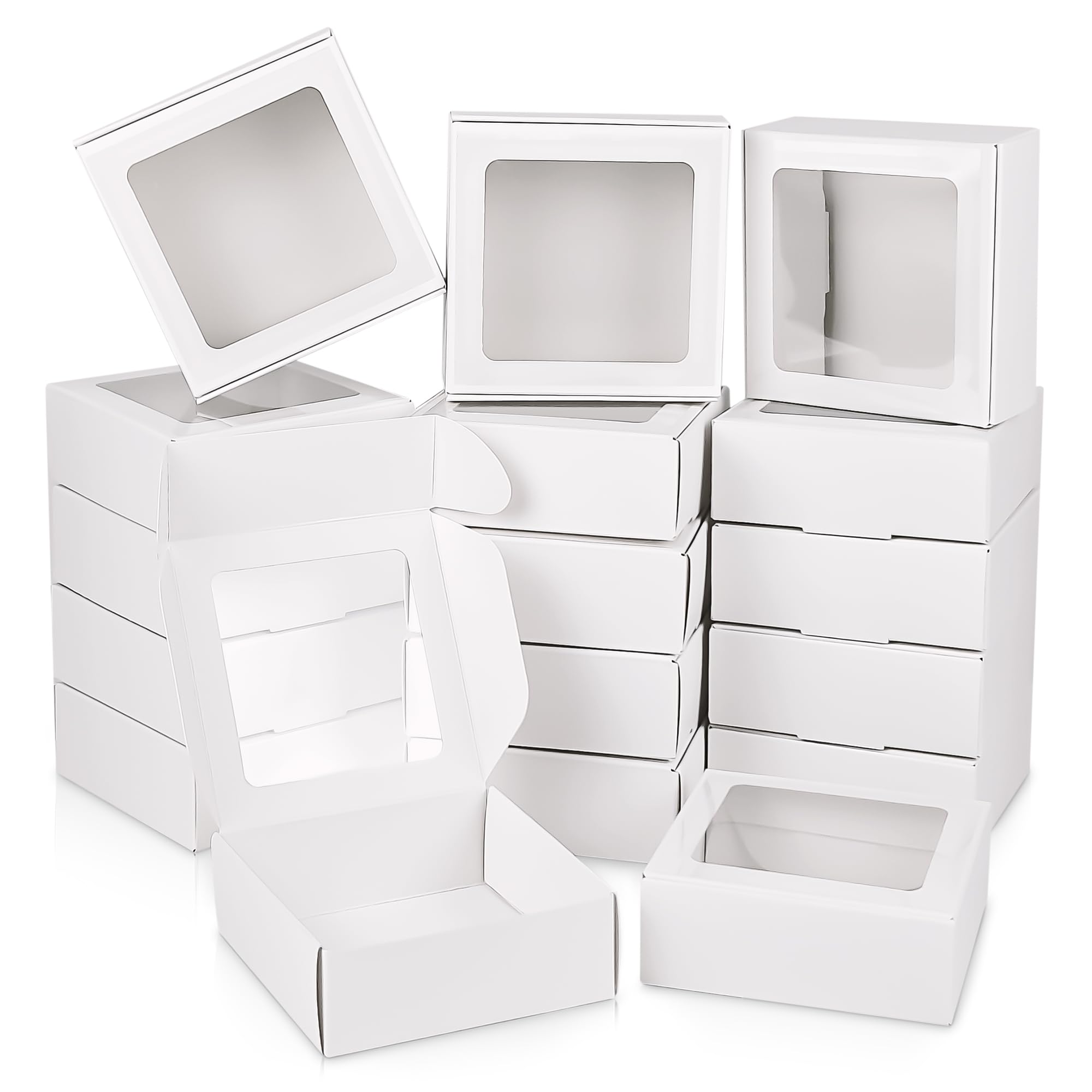 Aramanara 50 Pcs Kraft Paper Cookie Boxes with Clear Window, 9.5 x 9.5 x 3.5 cm Bakery Packaging Boxes, White Square Pastry Box for Wedding Party Bakery Cake Cookies Candy