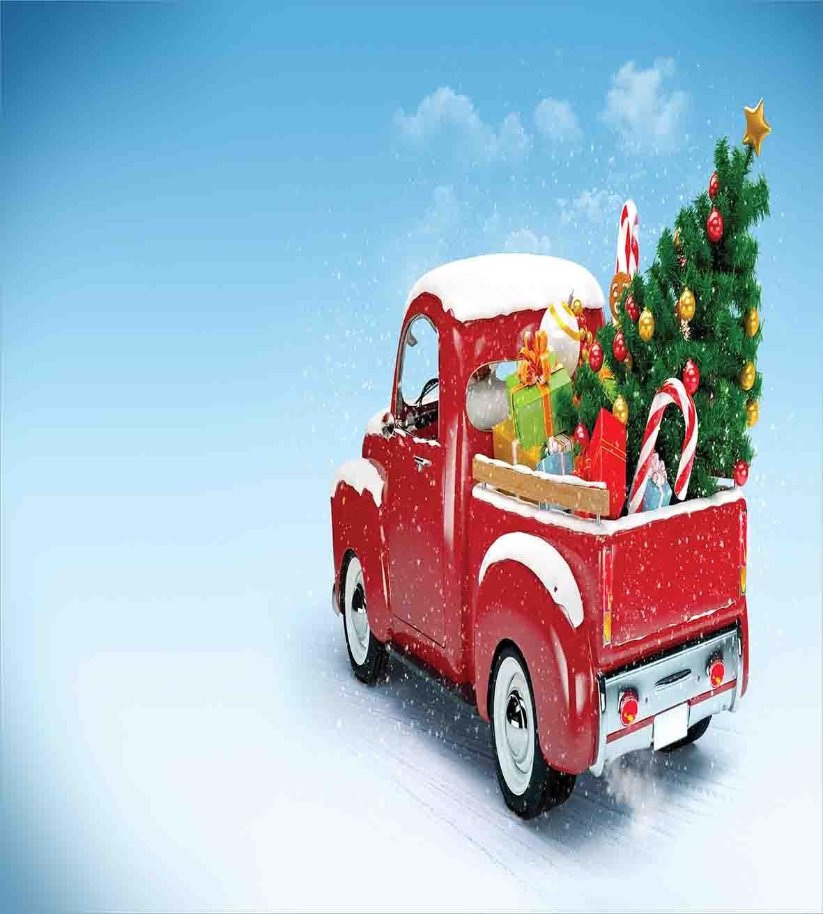 Ambesonne Christmas Duvet Cover Set, Classical Pickup Truck Tree Gifts and Ornaments Snowy Winter Day Image Print, Decorative 3 Piece Bedding Set with 2 Pillow Shams, Queen Size, Red Green
