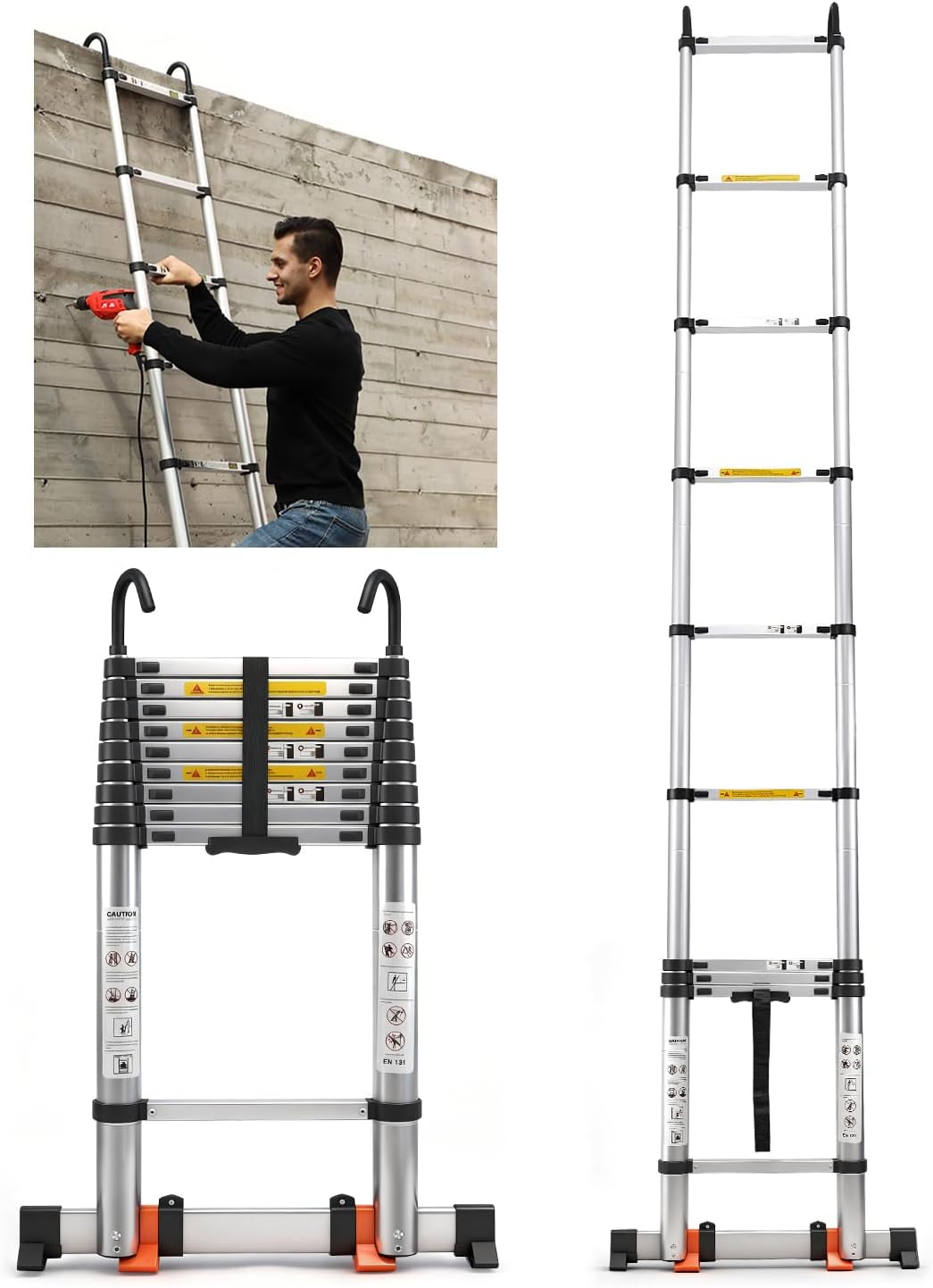 Saker Aluminum Telescoping Extension Ladder, Straight Ladder 12.5FT with Hook and Non-Slip Feet, 330LBS Load Capacity, Portable Multi-Purpose Ladder for Home and Work