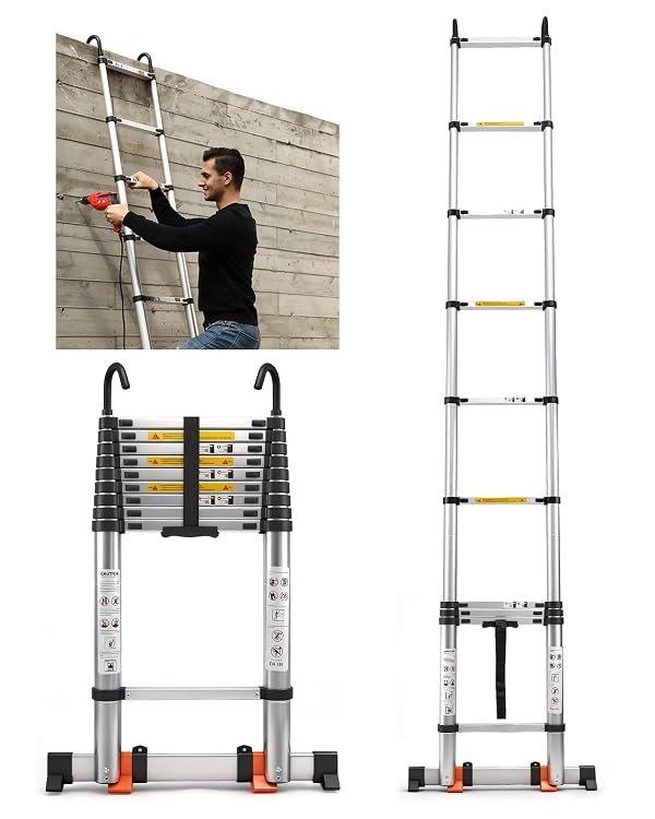 Saker Aluminum Telescoping Extension Ladder, Straight Ladder 12.5FT with Hook and Non-Slip Feet, 330LBS Load Capacity, Portable Multi-Purpose Ladder for Home and Work by Saker - Used condition - US$87.54
