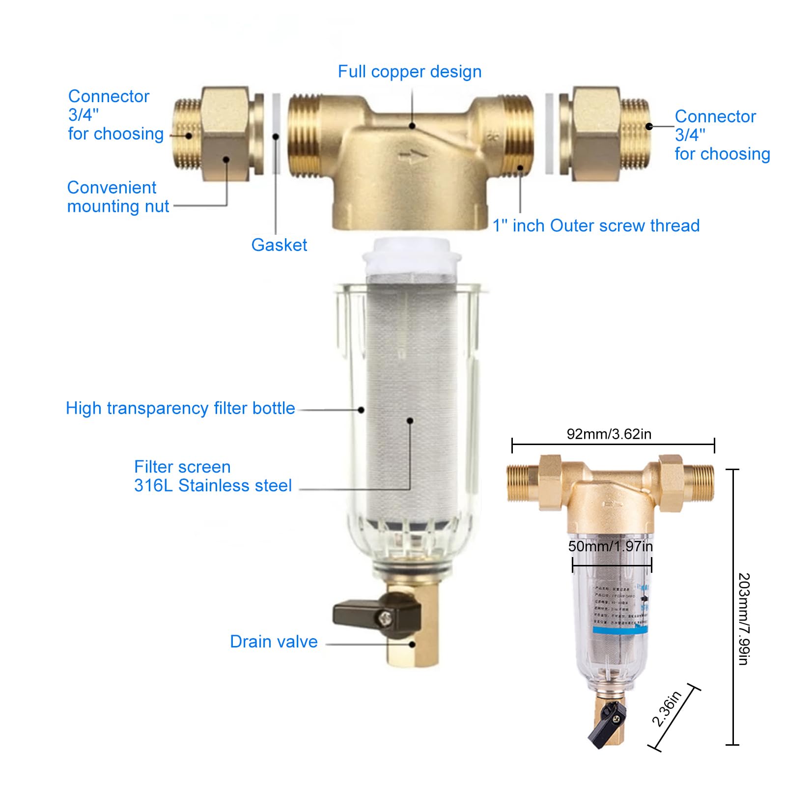 Filtro de agua reutilizable, prefiltro de agua de sedimentos de 1 pulgada, filtro de agua de sedimentos giratorio, filtro fino enjuagable para filtro de sedimentos de manguera de agua de pozo (con