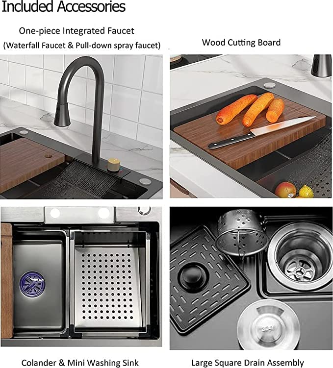 Image of X-XONIER 304 Single Bowl Kitchen Sink Stainless Steel Multipurpose Multifunction 3 Mode Tap with Pulldown Feature Soap Dispenser Glass Washer Black