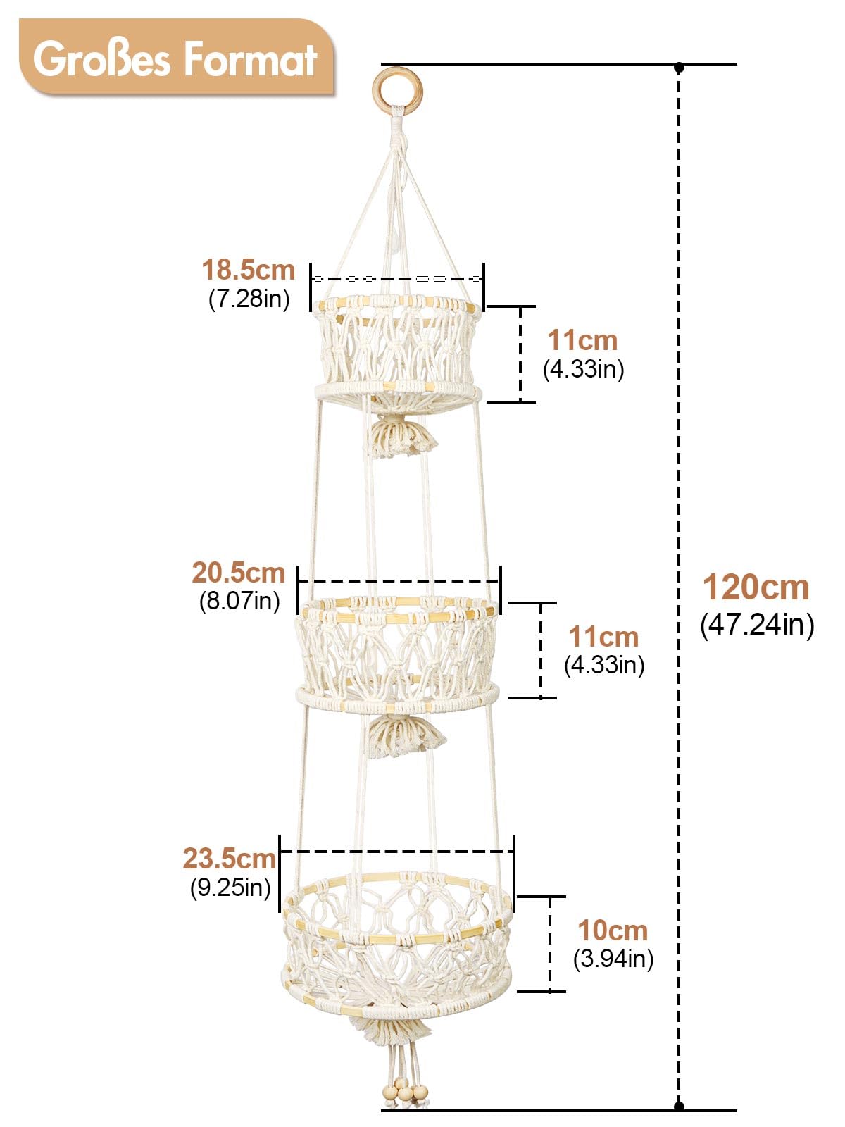 3 Stöckig Obstkorb Hängend, Bambus Hängekorb Obst, Platzsparend Obst Etagere Hängend Für Küche, Obst Aufbewahrung Hängend (120 cm)