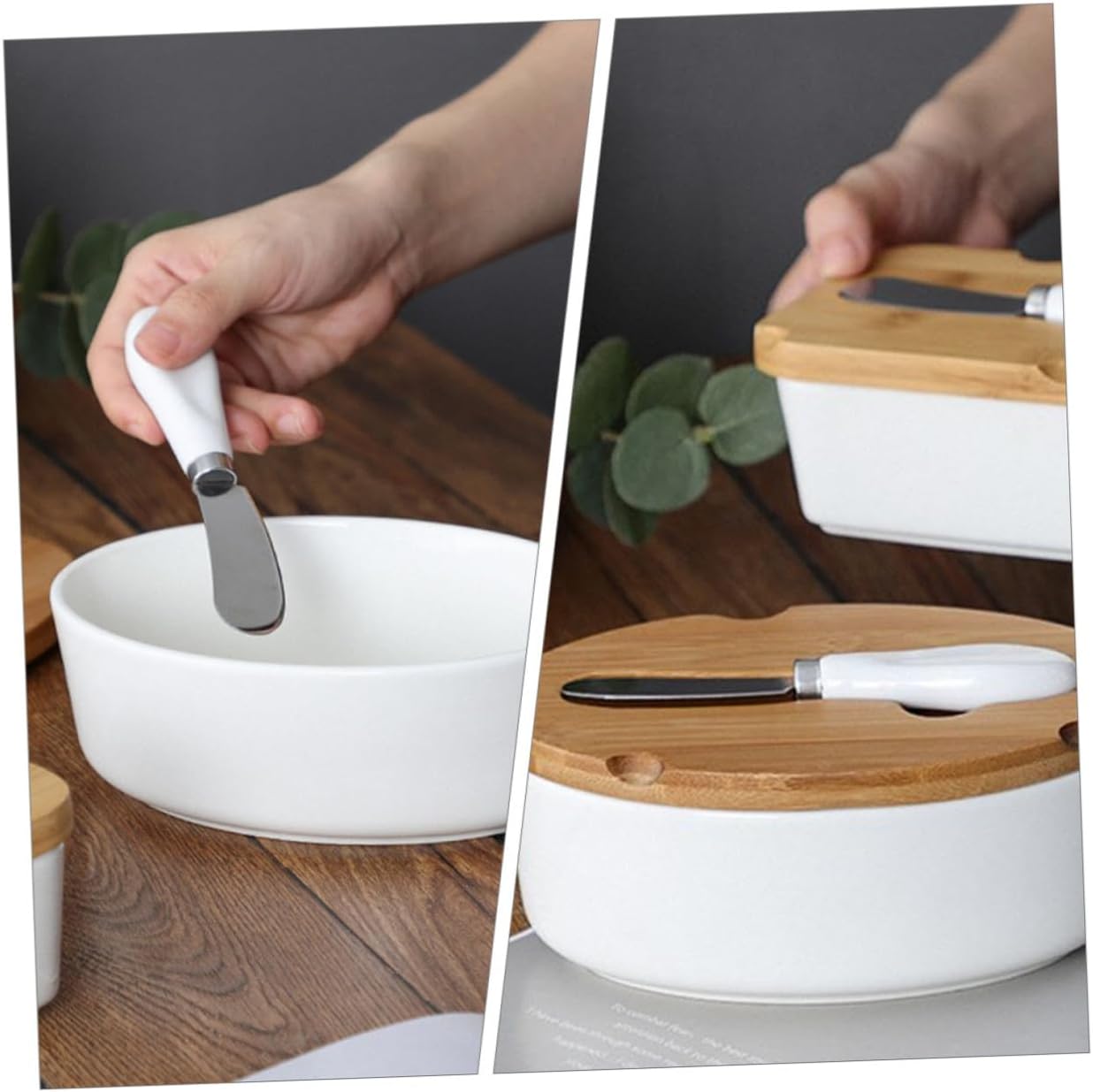 Housoutil Ceramic Butter Box with Lid and Butter Slicer Set Cheese Container Food Storage Crock for Kitchen Dining Table
