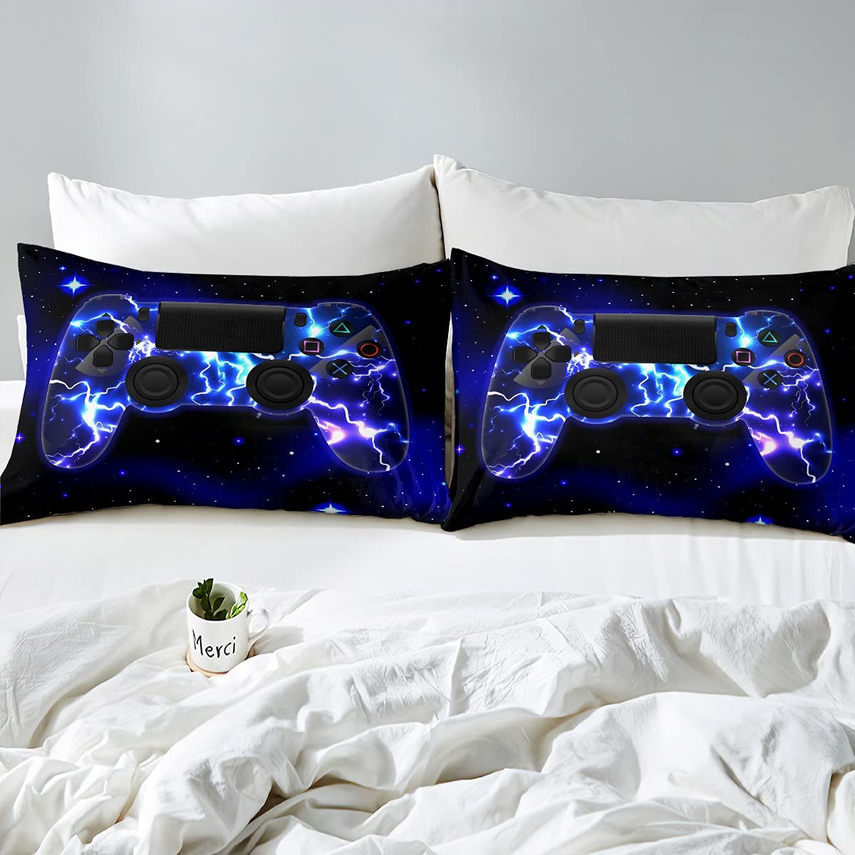 Blitz-Joystick zestaw pościeli, gwiaździste niebo, ciemne galaktyki, komplet pościeli 155 x 220 cm, świetne łóżko dla dzieci, chłopców, dziewcząt, nastolatków, 2 szt. z zamkiem błyskawicznym z mikrofibry
