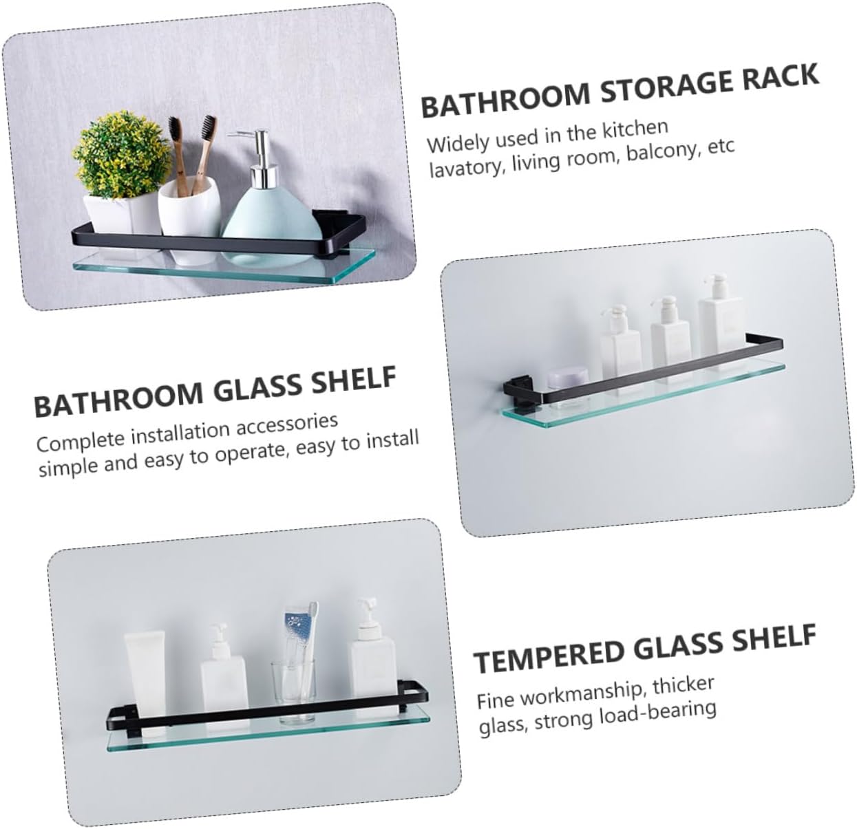 Cabilock Single Storage Shelf Tempered Glass Storage Rack Bathroom Home Rustproof Easy to Use